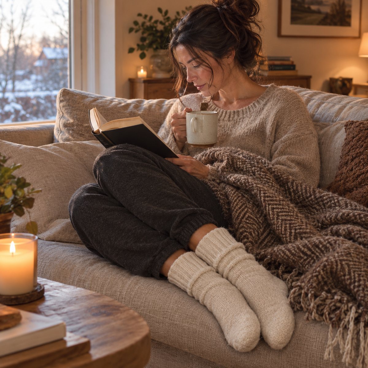 Frau mit Tee und Buch auf der Couch in dicken Kuschelsocken