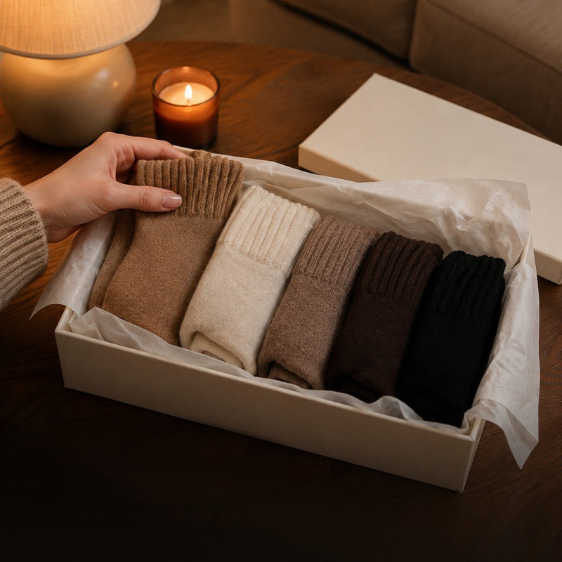 Geöffnete Geschenkbox mit fünf Kuschelsocken unter dem Weihnachtsbaum